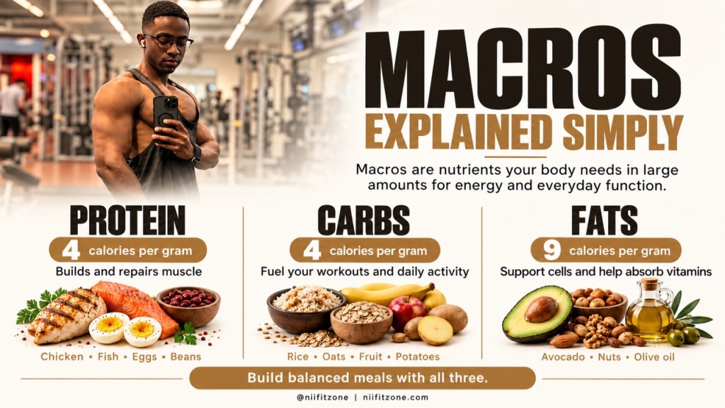 Macros explained simply infographic showing protein, carbs, and fats with food examples