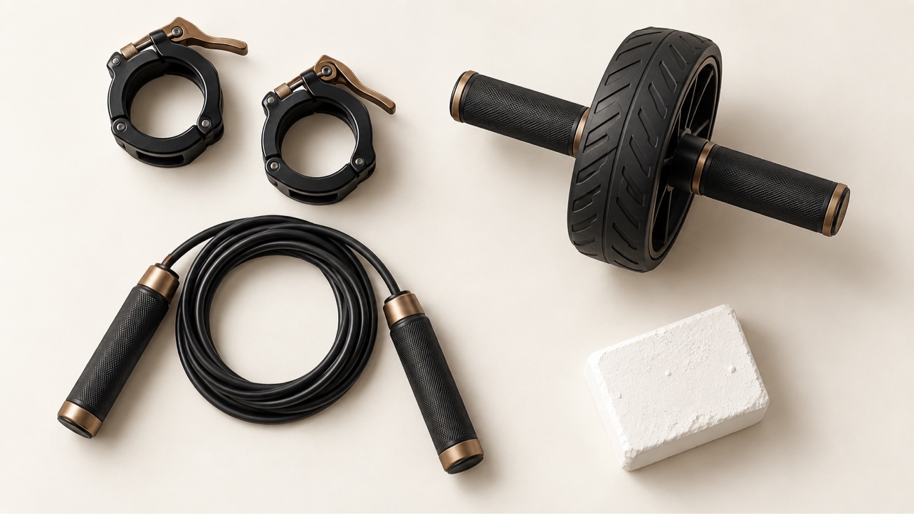 Barbell collars, ab wheel, jump rope, and chalk block arranged on a table
