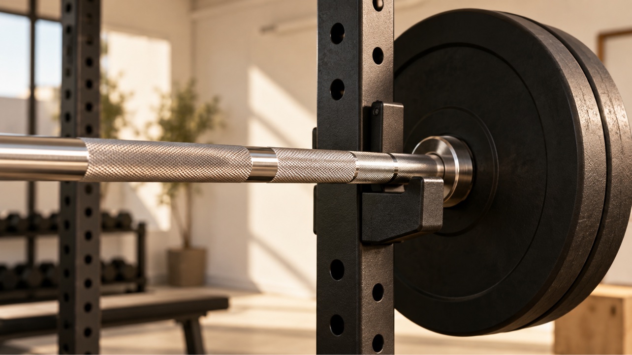 Olympic barbell resting on rack J-cups with bumper plates loaded