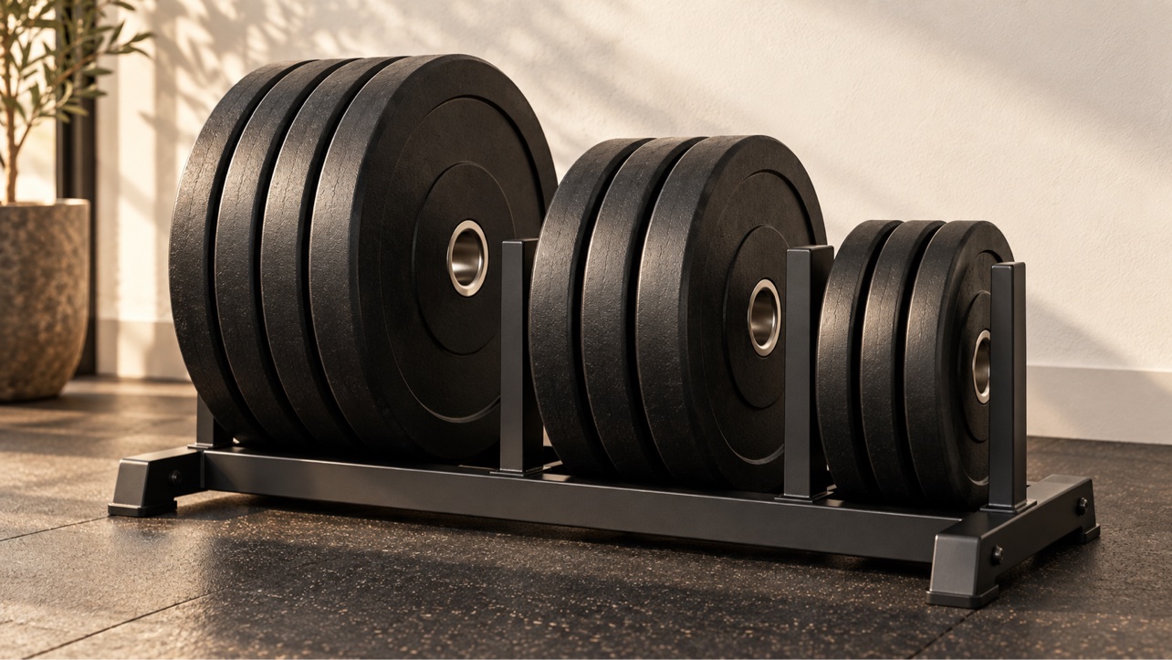 Black bumper plates neatly stacked on a storage rack