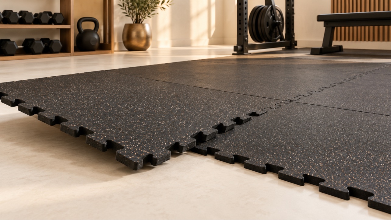 Interlocking rubber gym floor mats partially installed in a home gym