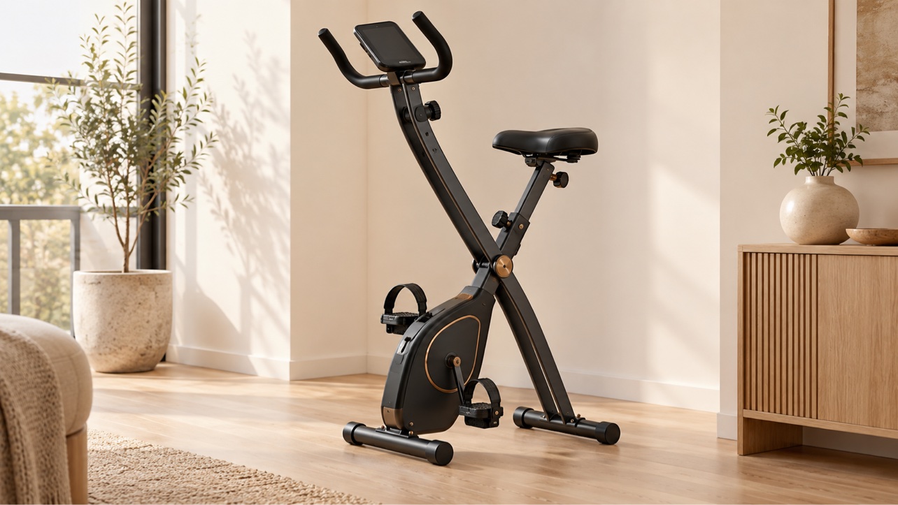 Folding exercise bike in a small apartment corner