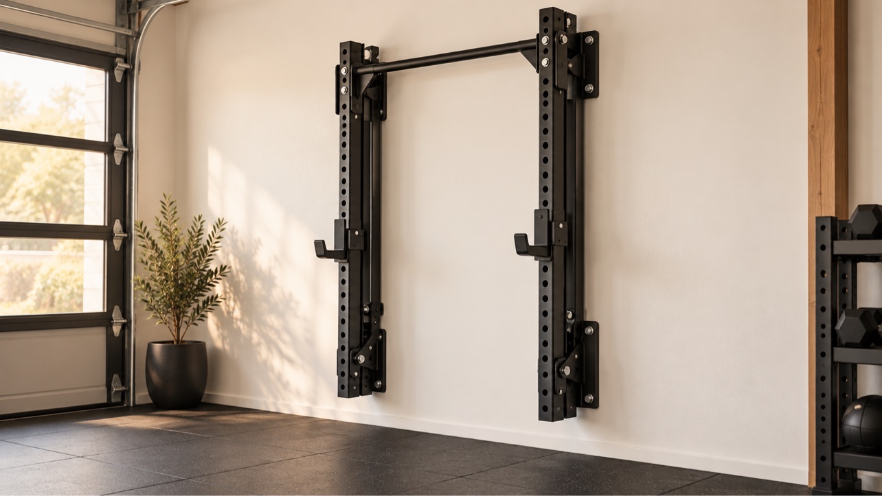 Folding wall-mounted squat rack folded flat against a garage wall
