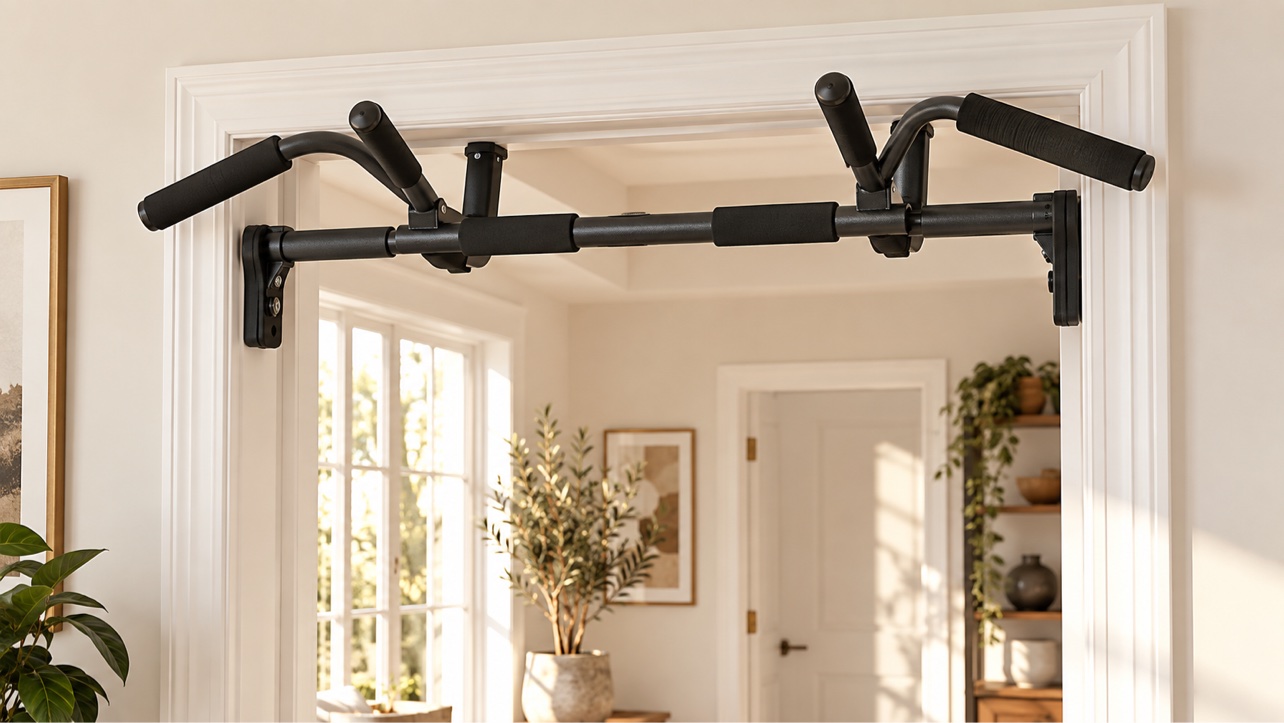 Doorway pull-up bar with multi-grip handles mounted in a home doorway