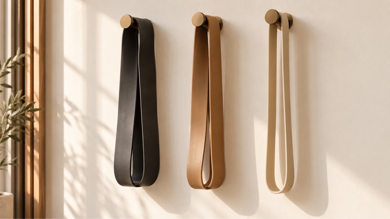 Resistance bands in black, bronze, and tan hanging on wall hooks